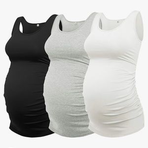Maternity Tank Top 3 Pack Ruched Side Sleeveless Pregnancy Basic Shirt